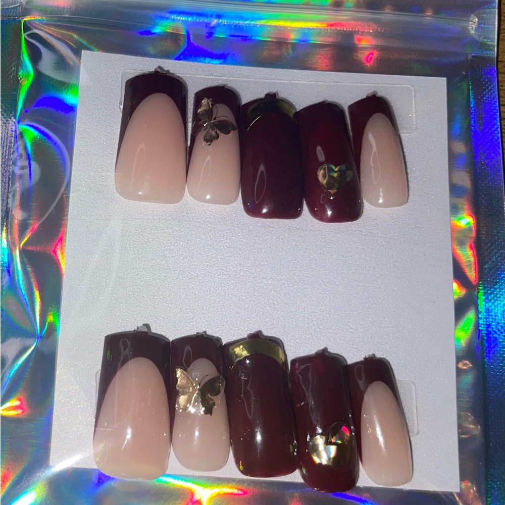Burgundy & Nude Press-On Nails with Gold Butterfly Accents